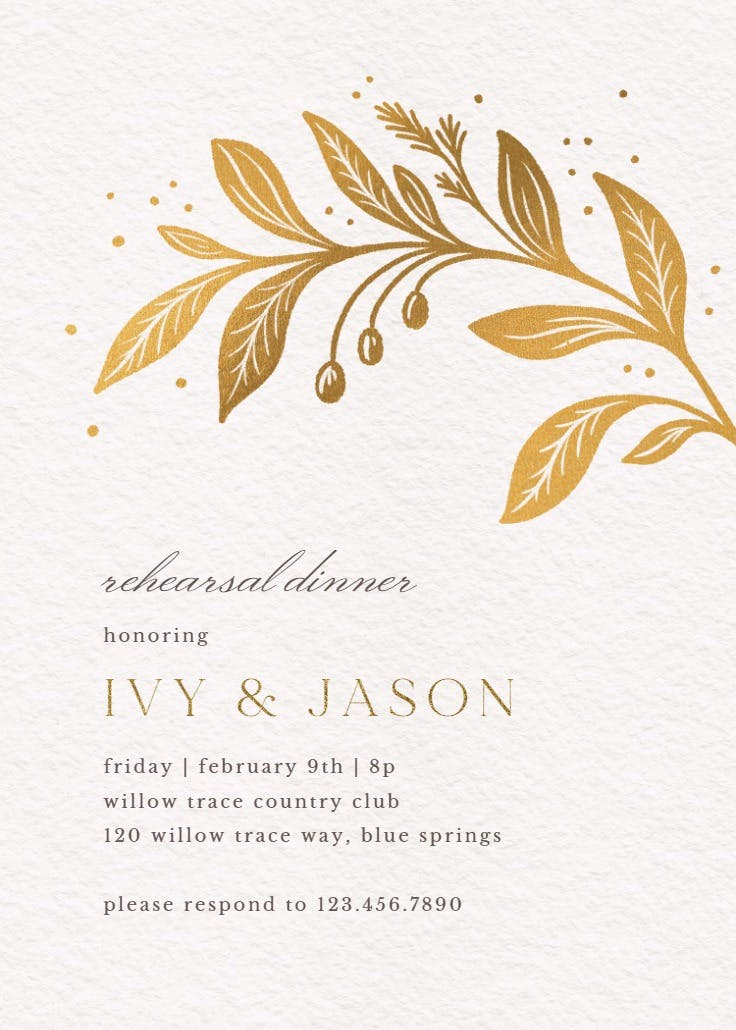 Golden flora - rehearsal dinner party invitation